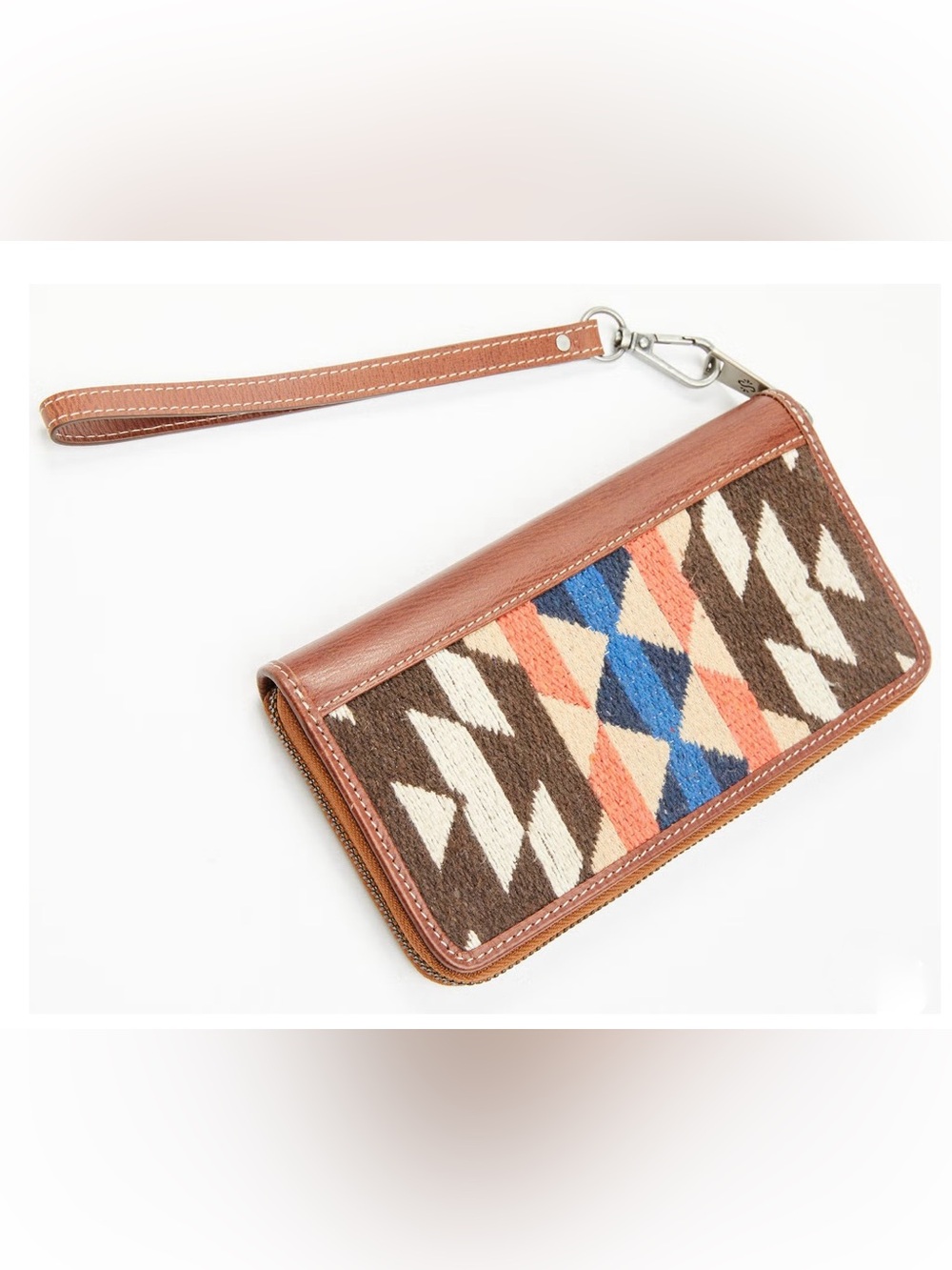 Brown Leather-Trim Aztec Pattern Wristlet Wallet